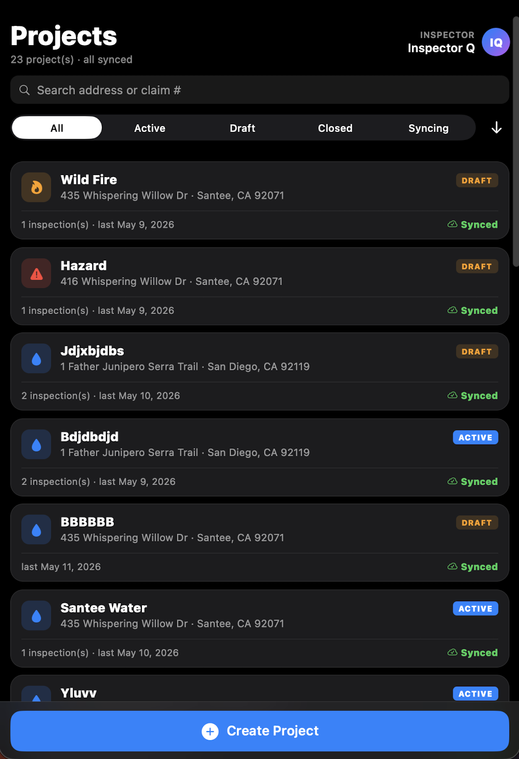 Projects list screen
