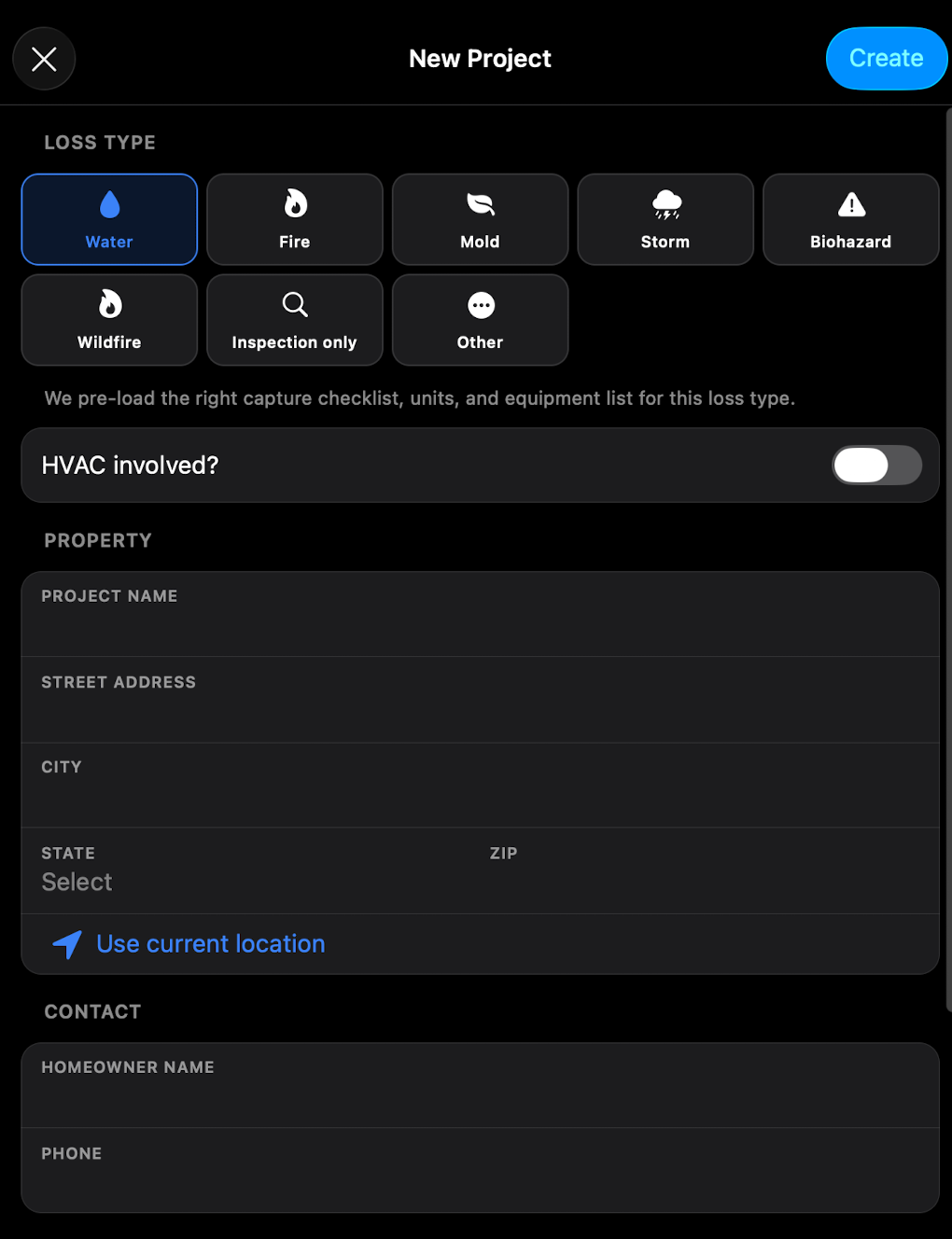 Create project screen