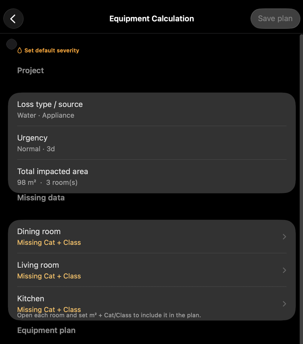 Equipment calc screen