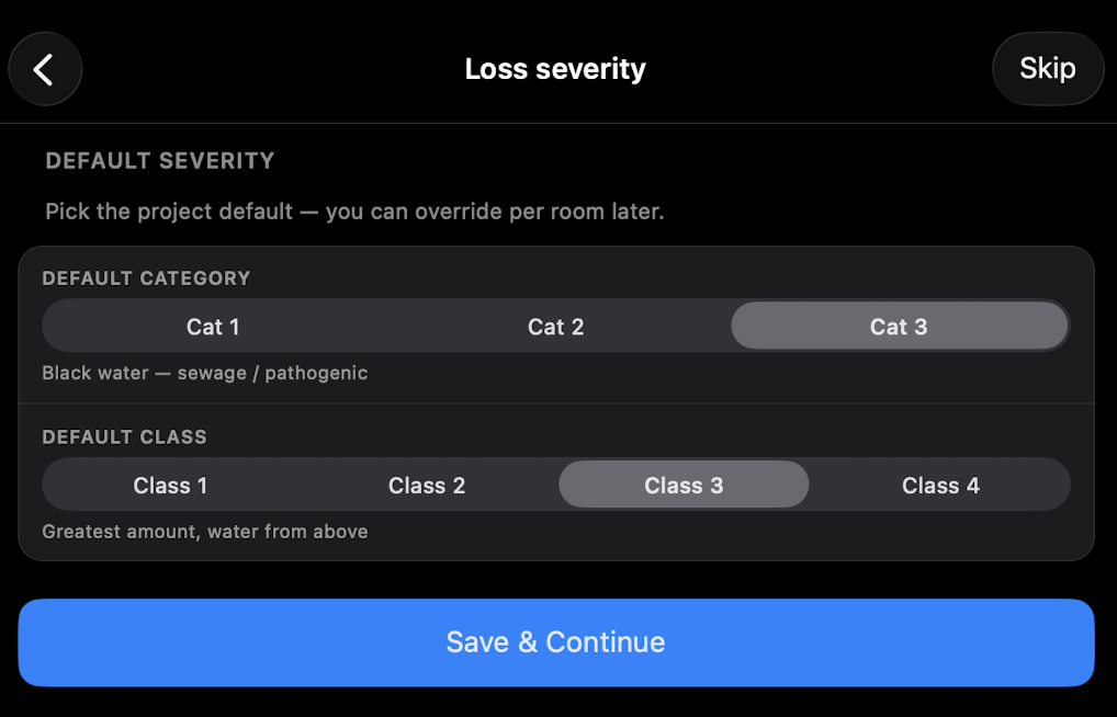 Severity assessment screen
