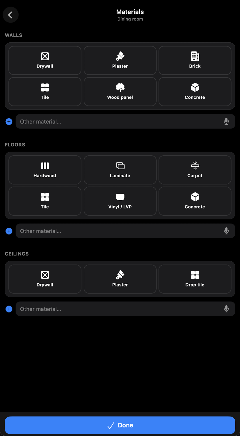 Materials log screen